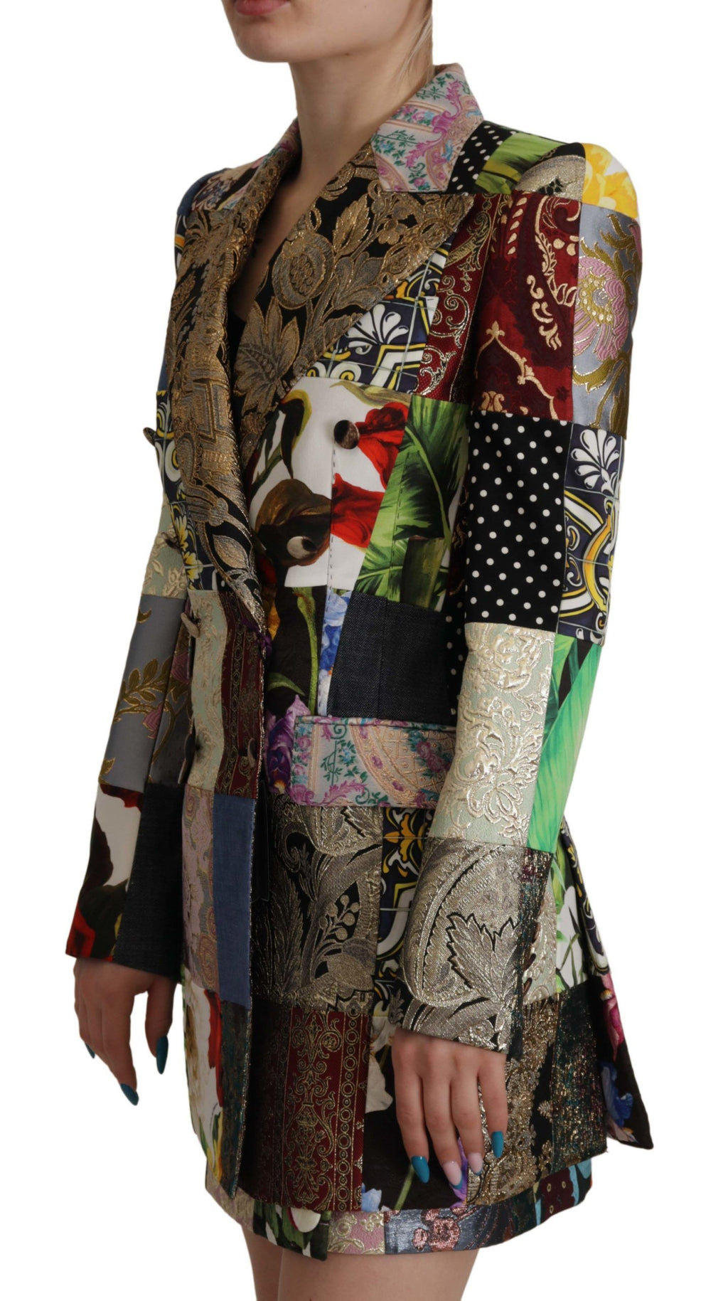Veste blazer Dolce & Gabbana à double boutonnage, patchwork jacquard multicolore, style sophistiqué et élégant.