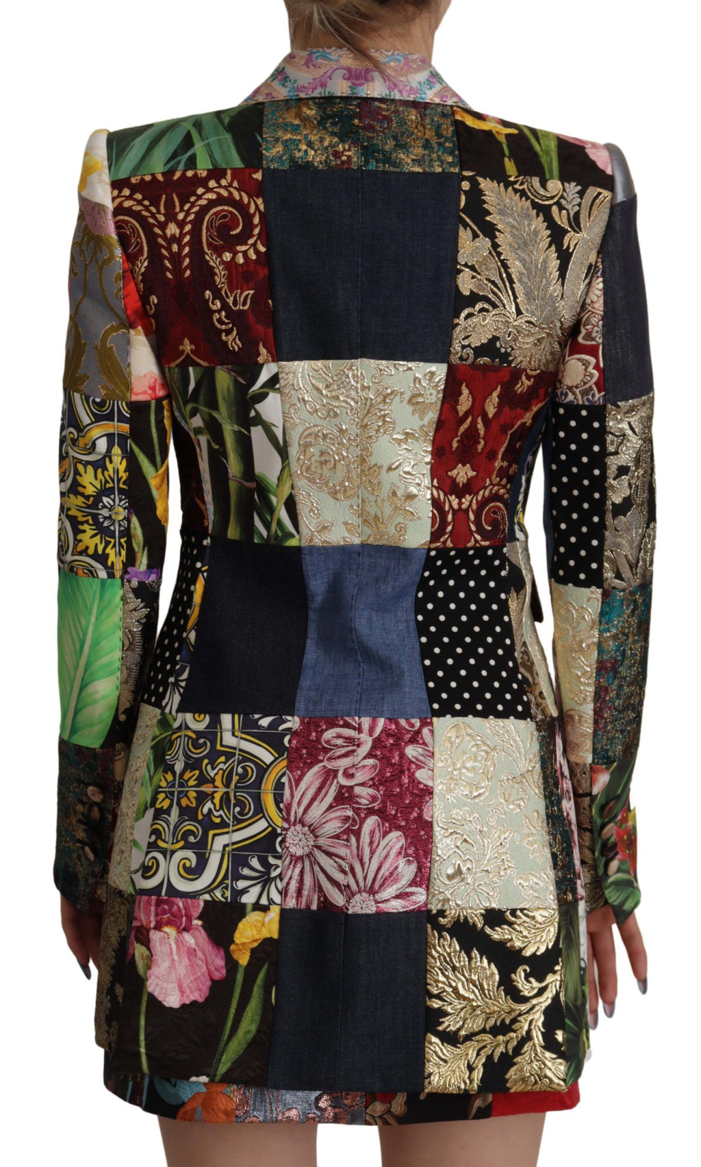 Veste blazer Dolce & Gabbana en jacquard multicolore à double boutonnage et patchwork, élégante et sophistiquée.
