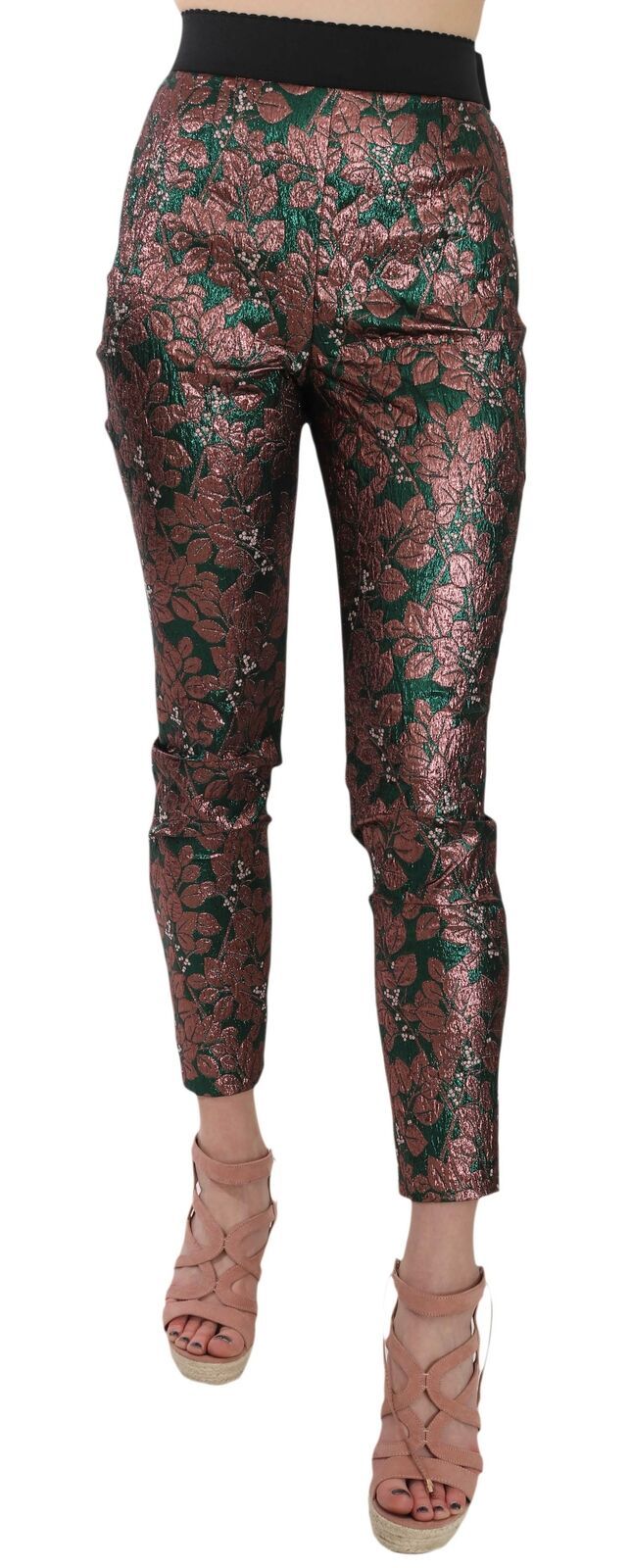 Pantalons crop Dolce & Gabbana en jacquard iridescent multicolore, style brocart sophistiqué.