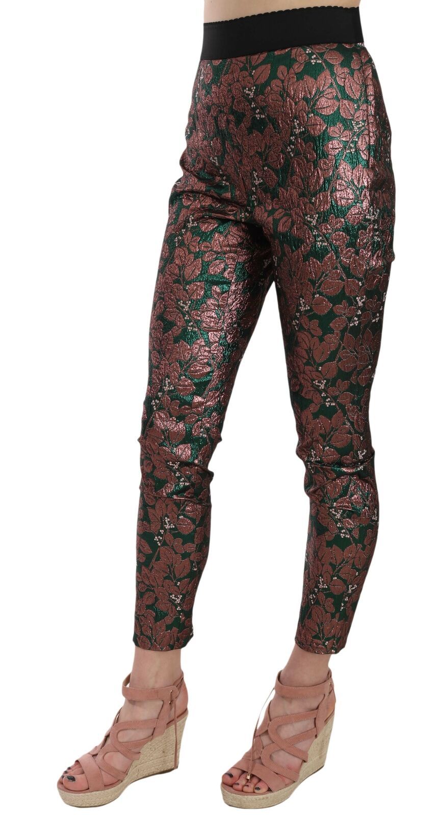 Pantalons crop Dolce & Gabbana en jacquard irisé multicolore, tissu brocart élégant et sophistiqué.