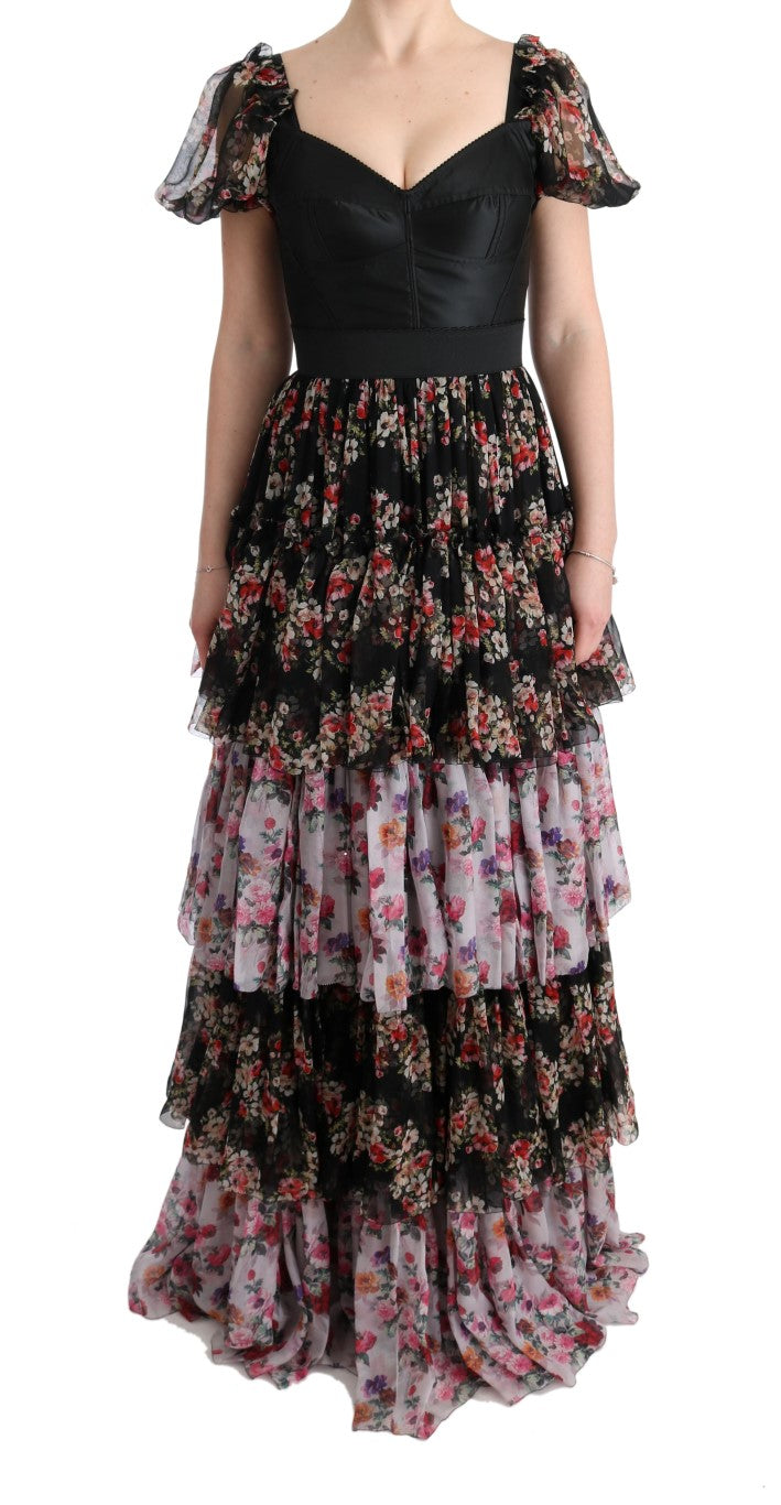 Robe longue Dolce & Gabbana en soie multicolore à fleurs, coupe droite et stretch, élégante et fluide.