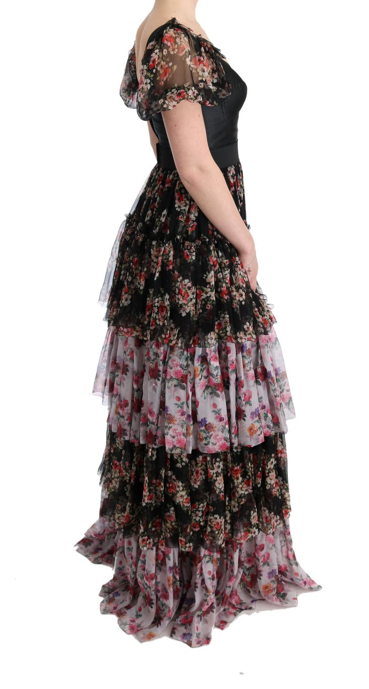 Robe longue Dolce & Gabbana en soie multicolore, à motifs floraux, coupe ajustée, avec décolleté en V et manches longues.