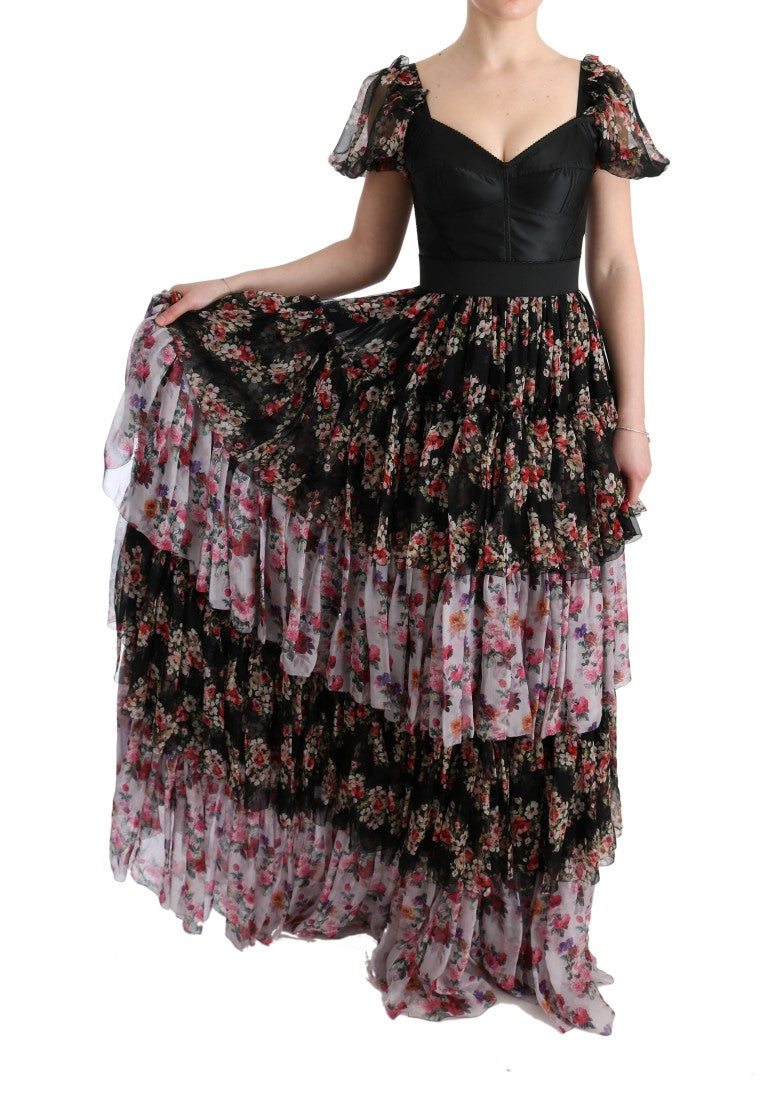 Robe longue Dolce & Gabbana en soie multicolore à fleurs, coupe fluide et ajustée, style shift, détails floraux élégants.