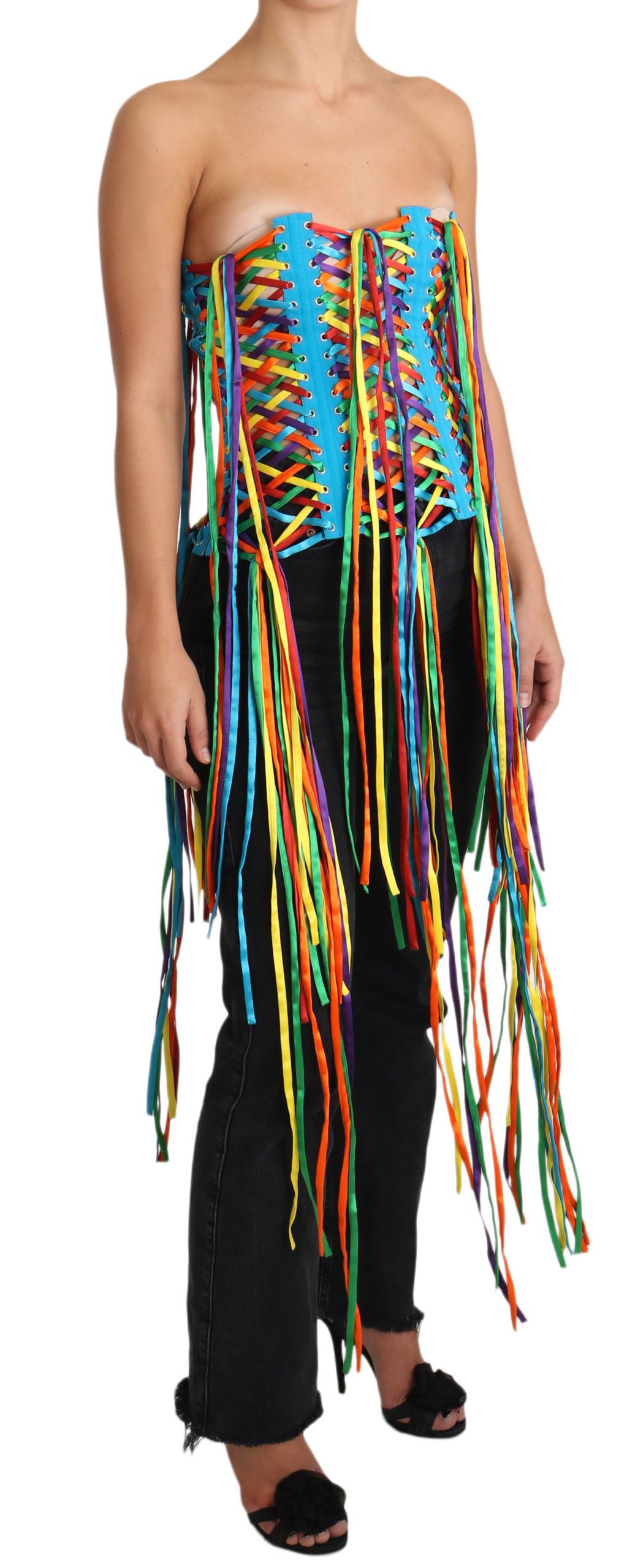Corset bustier multicolore en polyester de Dolce & Gabbana, haut ajusté avec cordons colorés.