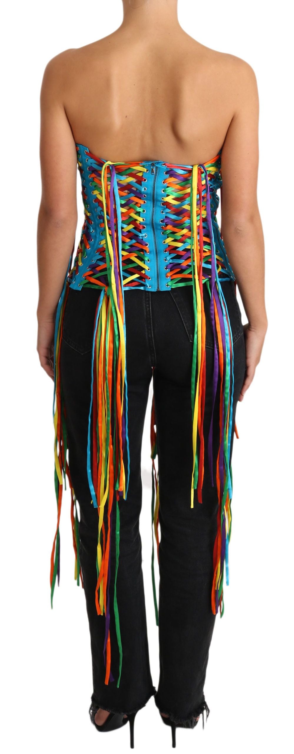 Corset bustier multicolore en polyester de Dolce & Gabbana, haut ajusté avec cordons colorés.