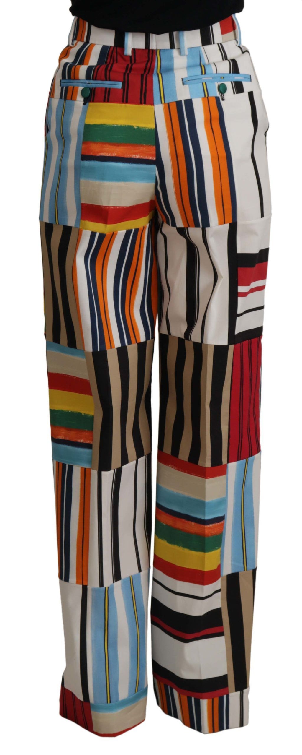 Pantalon en coton à rayures multicolores à taille haute de Dolce & Gabbana, vue de face.