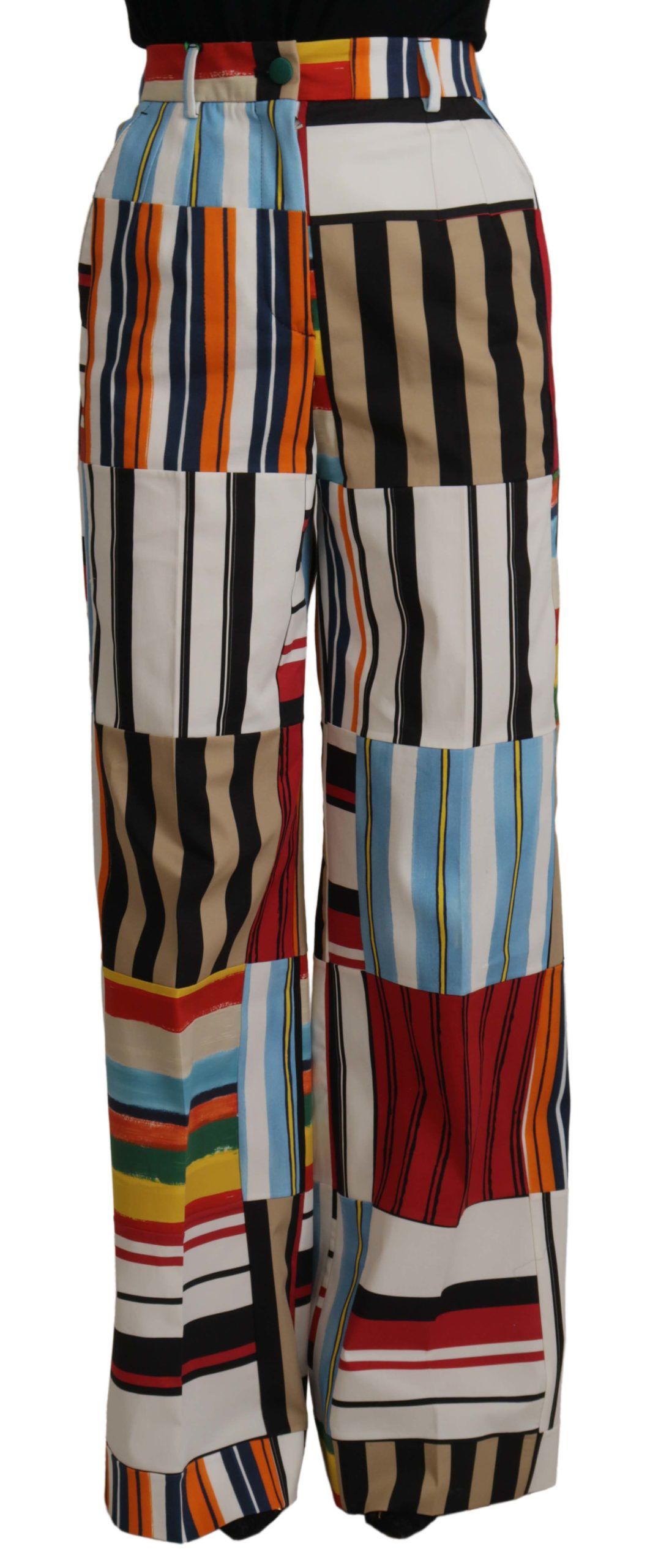 Pantalon en coton à rayures multicolores à taille haute de Dolce & Gabbana, vue de face.