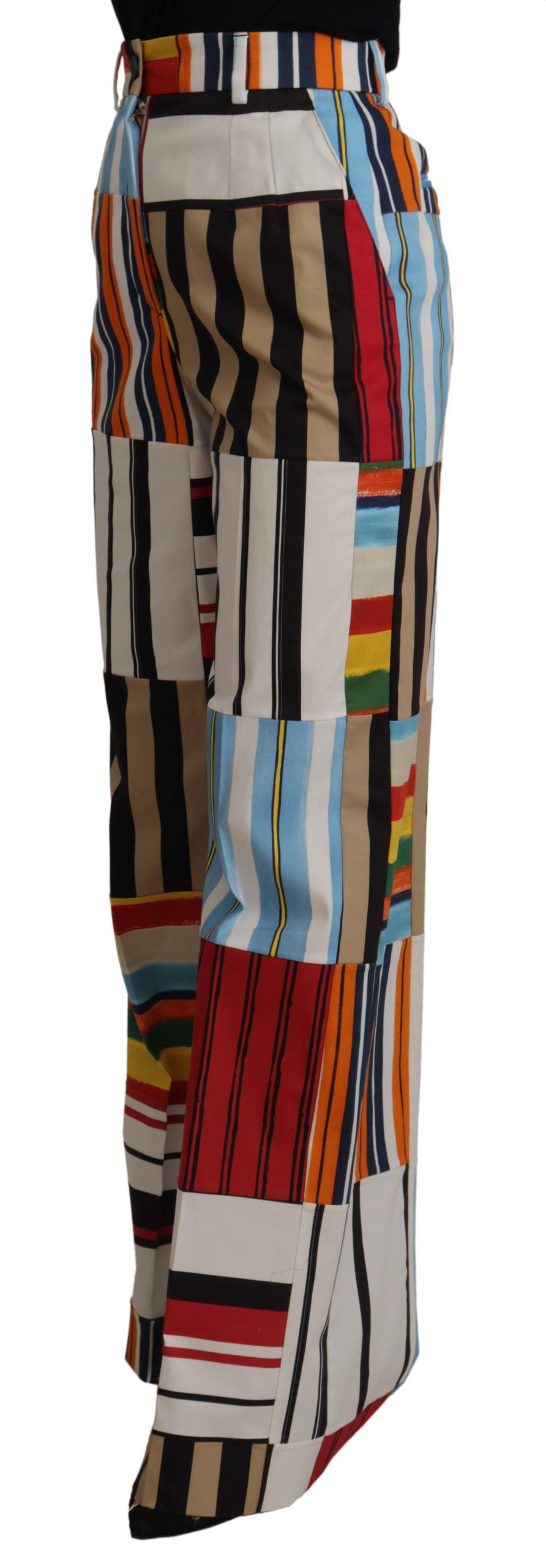 Pantalons en coton à rayures multicolores à taille haute de Dolce & Gabbana, look élégant et tendance.