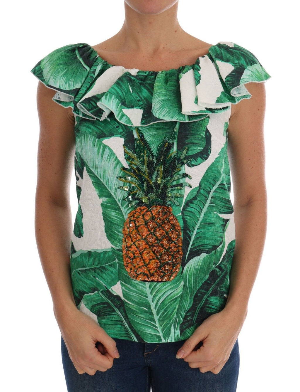 Blouse Dolce & Gabbana en sequins ananas et bananes, style T-shirt, avec motif coloré et détails brillants.