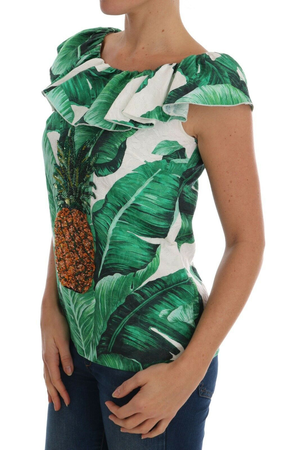 T-shirt Dolce & Gabbana en sequins ananas et banane, détails colorés et motifs fruités sur le devant.