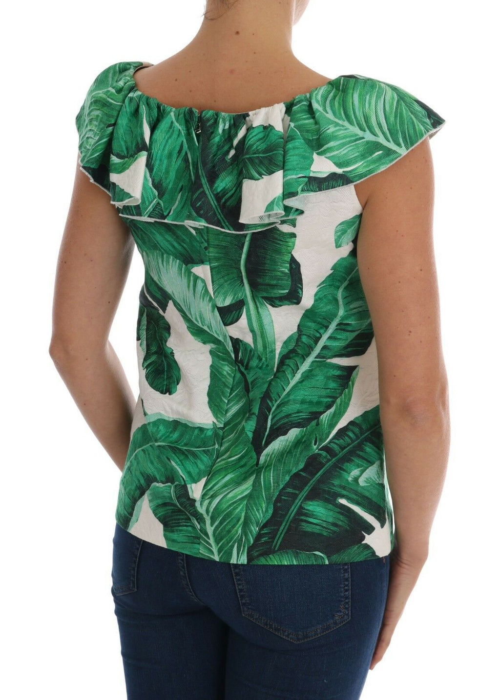 Blouse Dolce & Gabbana en sequins avec motif ananas et bananes, style T-shirt élégant et coloré.