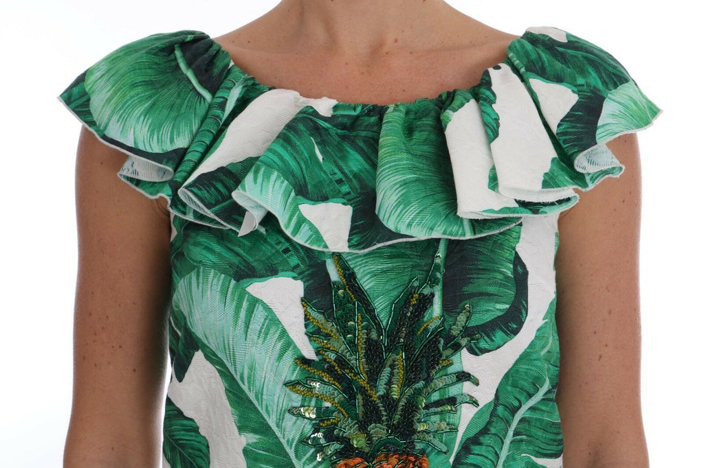 Blouse Dolce & Gabbana en sequins avec motifs ananas et bananes, style T-shirt, vue de face.