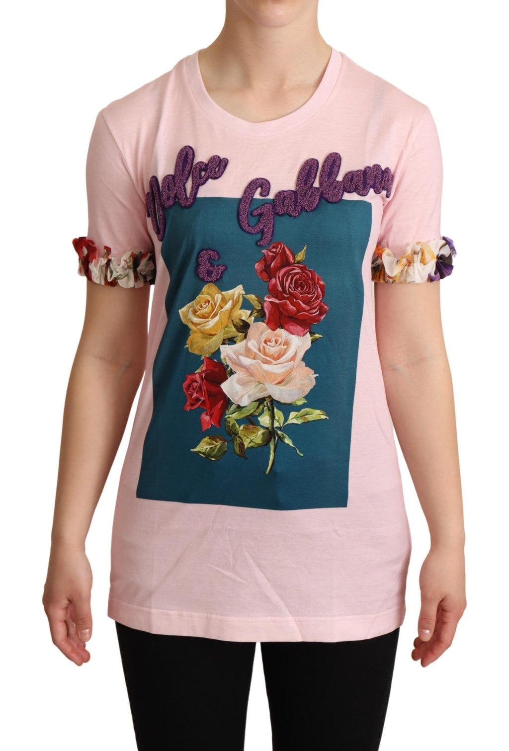 T-shirt en coton rose Dolce & Gabbana avec motif floral de roses et col rond, vue de face.