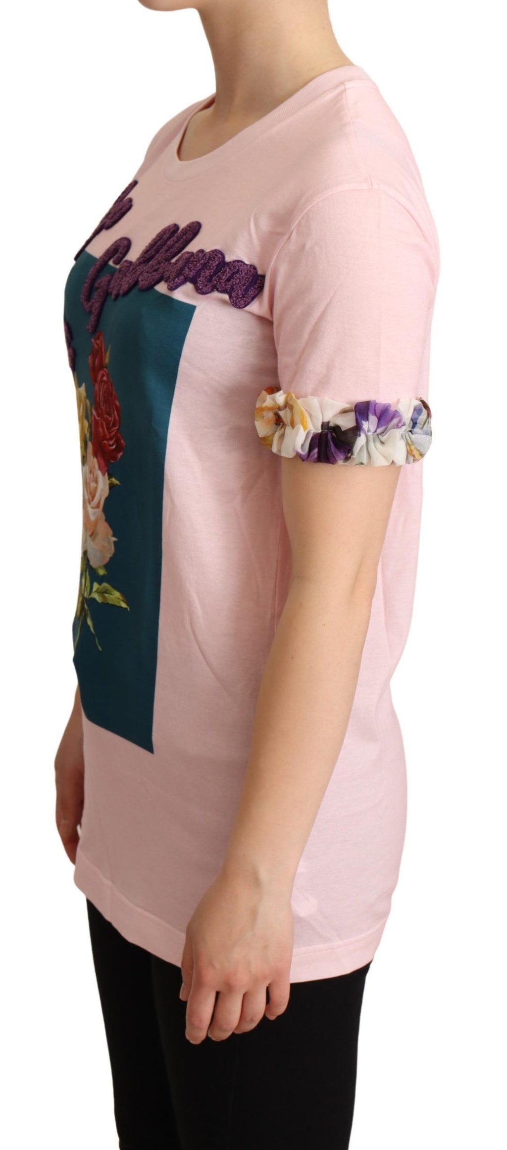 T-shirt Dolce & Gabbana en coton rose avec motif floral de roses et col rond, vue de face.