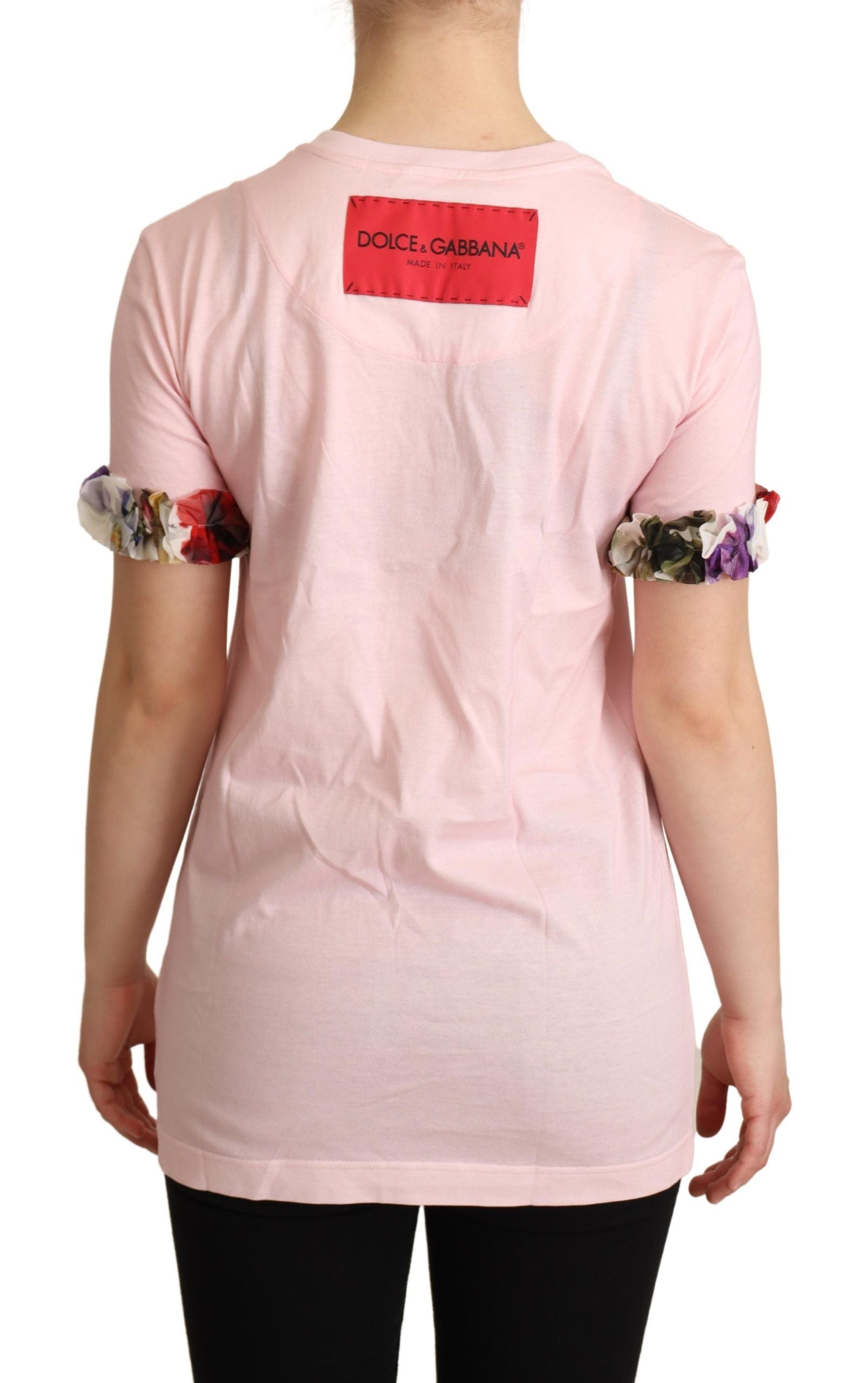 T-shirt en coton rose Dolce & Gabbana avec motif floral de roses, col rond, style décontracté et élégant.