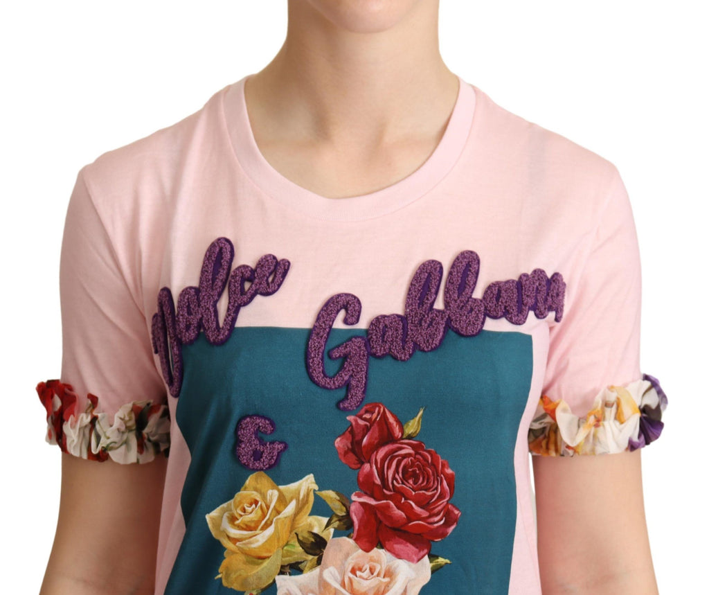 T-shirt rose en coton rose Dolce & Gabbana à col rond avec motif floral roses, vue de face.