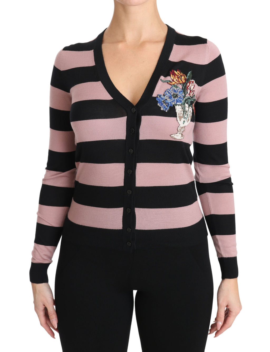 Cardigan en cachemire rose à fleurs Dolce & Gabbana, pull élégant avec motif floral, pour femme.