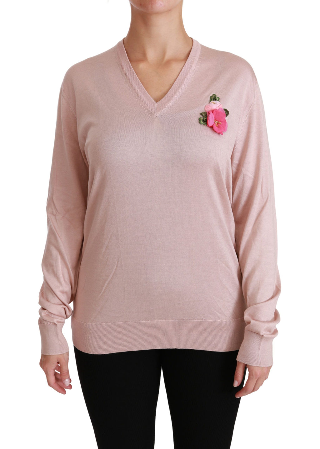 Pull en soie Dolce & Gabbana rose avec motifs floraux et embellissements, pull-over élégant pour femme.