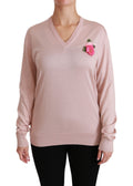 Pull en soie Dolce & Gabbana rose avec motifs floraux et embellissements, pull-over élégant pour femme.