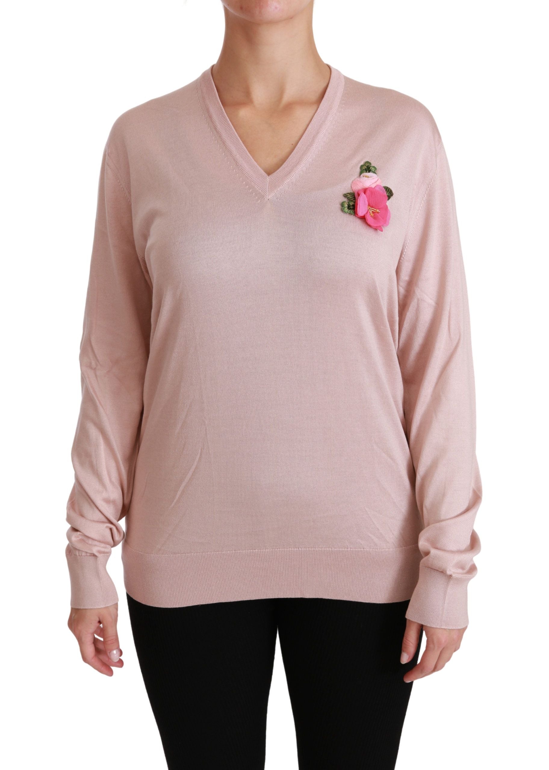 Pull en soie Dolce & Gabbana rose avec motifs floraux et embellissements, pull-over élégant pour femme.