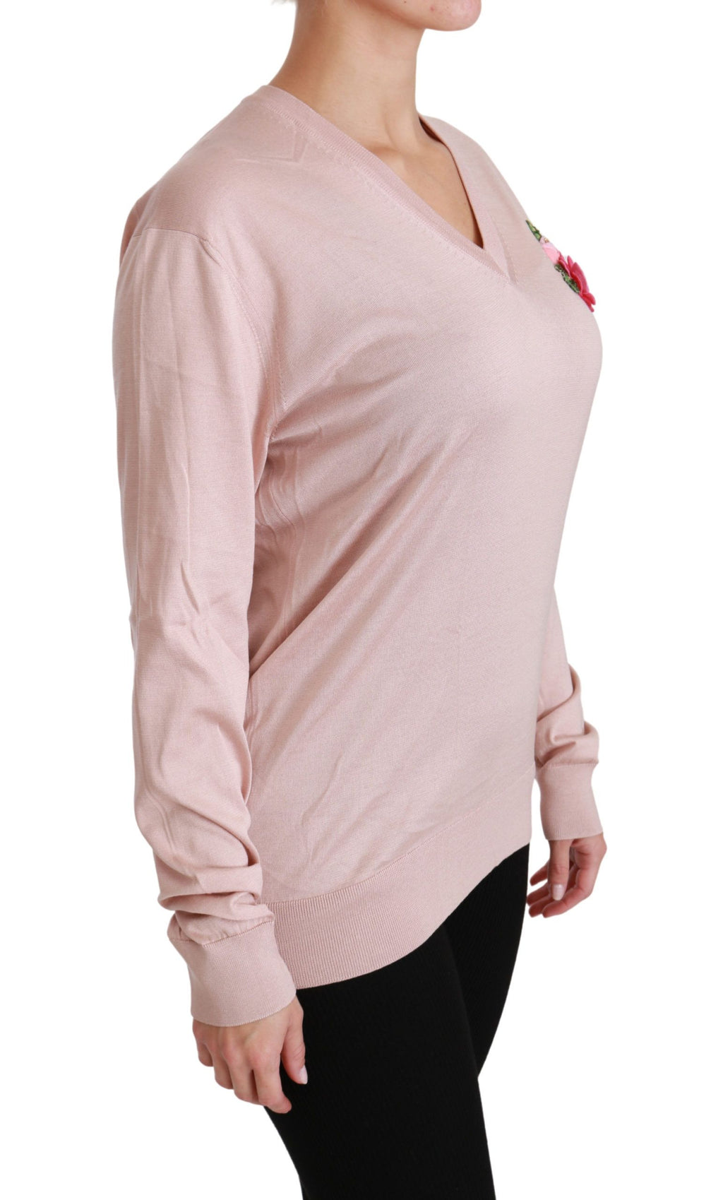 Pull en soie Dolce & Gabbana rose à fleurs avec embellissements, pull-over élégant et féminin.