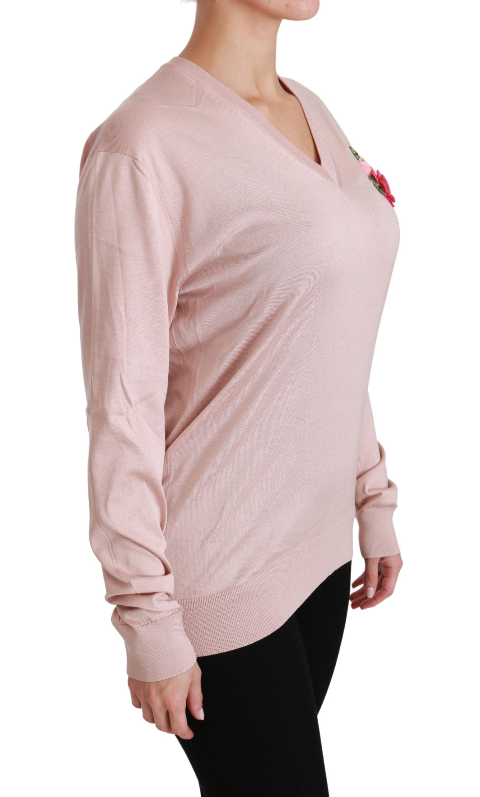 Pull en soie Dolce & Gabbana rose à fleurs avec embellissements, pull-over élégant et féminin.