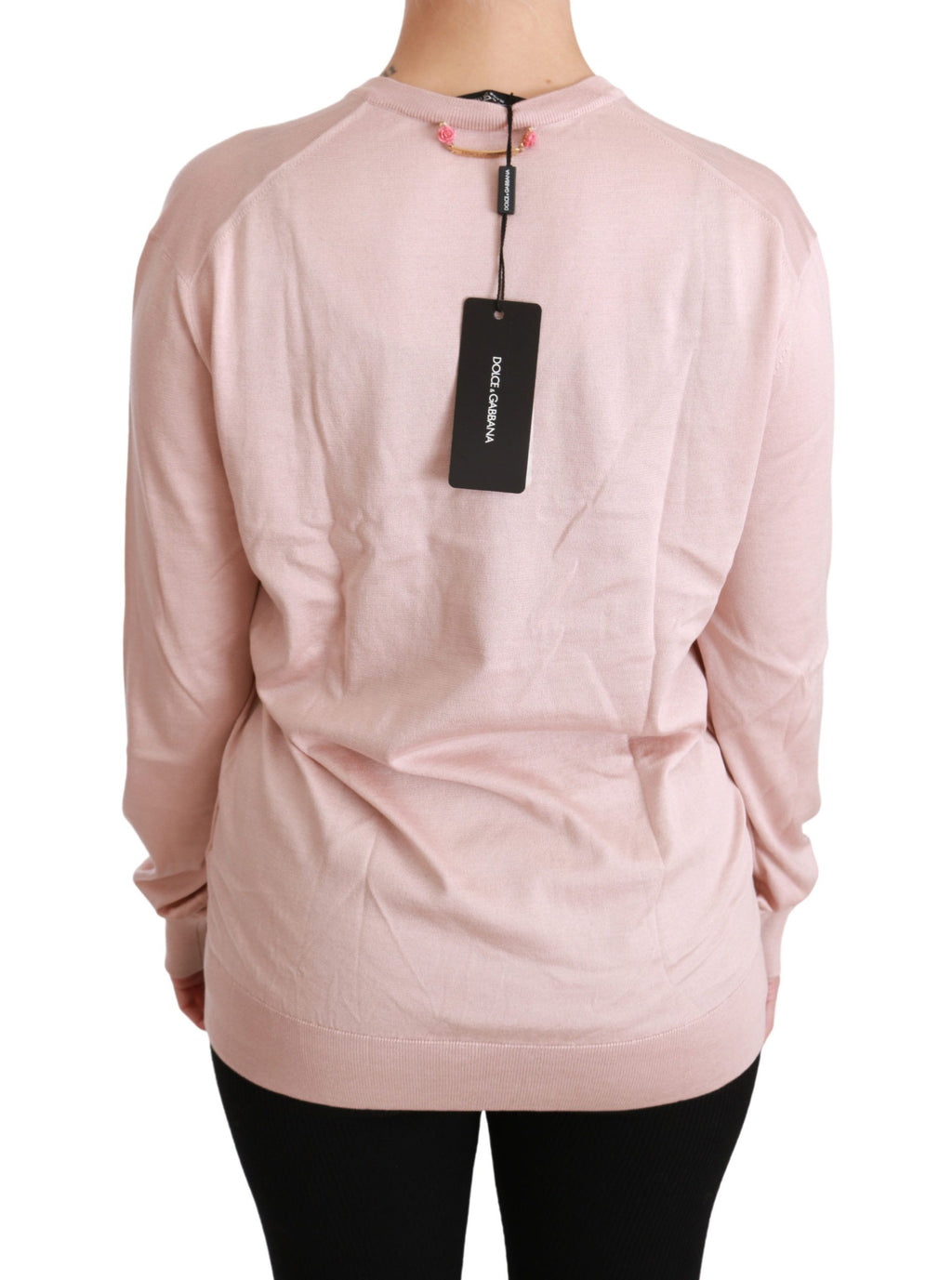 Pull en soie Dolce & Gabbana rose avec broderies florales et embellissements, pull-over élégant pour femme.