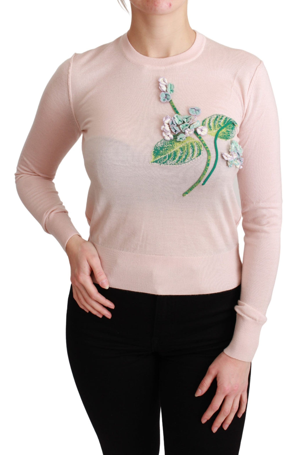 Pull en soie et cachemire Dolce & Gabbana à fleurs roses, pull-over élégant à motifs floraux.
