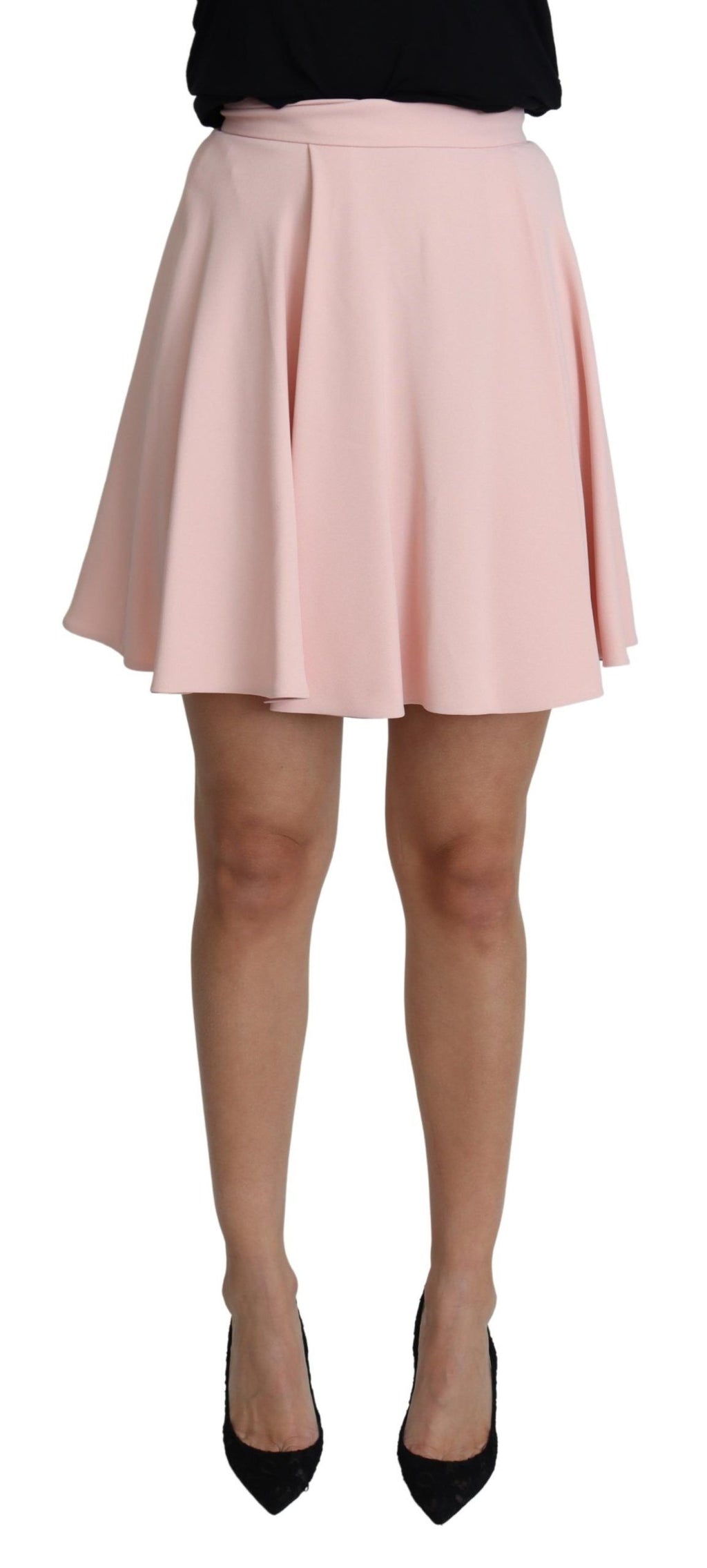 Robe mini en rayonne rose à plis plissés et coupe évasée, signature Dolce & Gabbana, vue de face.