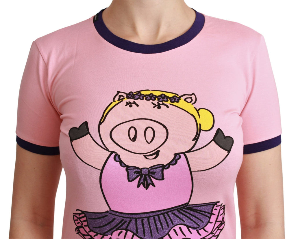 T-shirt en coton rose Dolce & Gabbana Year of the Pig avec motif de cochon brodé, style décontracté et tendance.