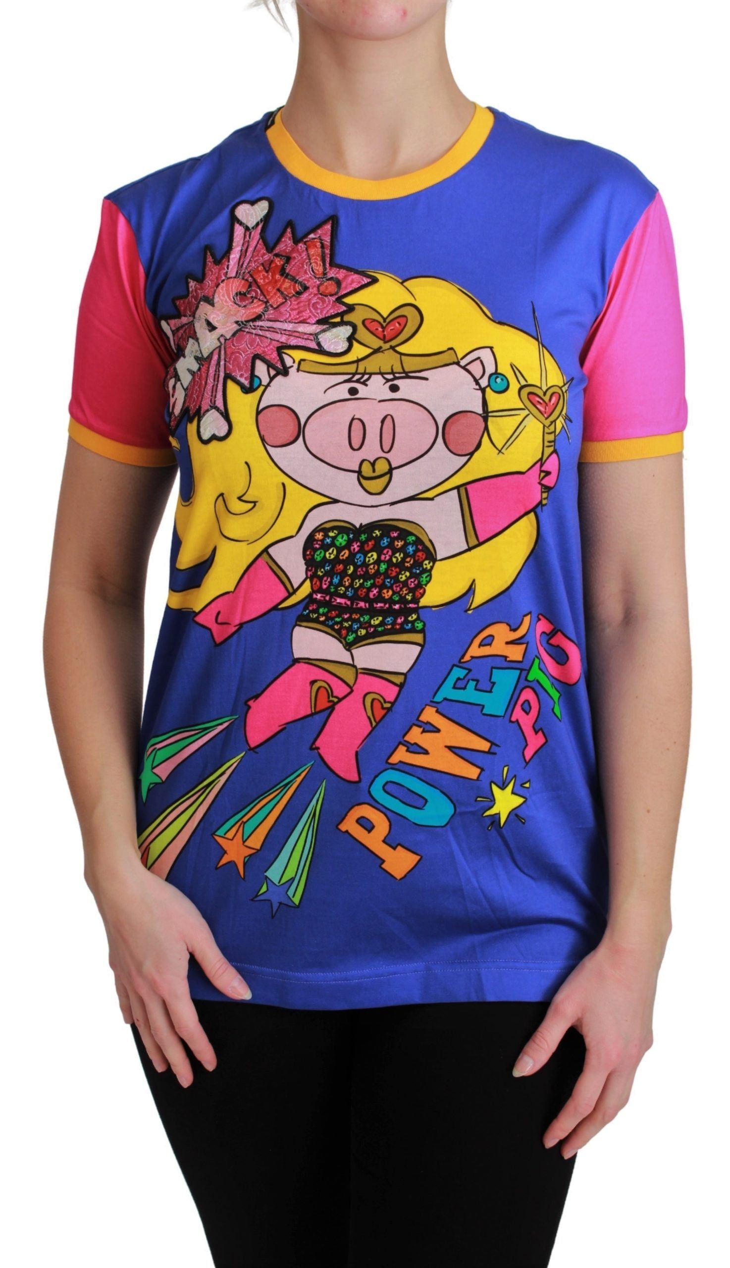 T-shirt en coton violet Dolce & Gabbana PIG SUPERGIRL avec logo graphique, vue de face.