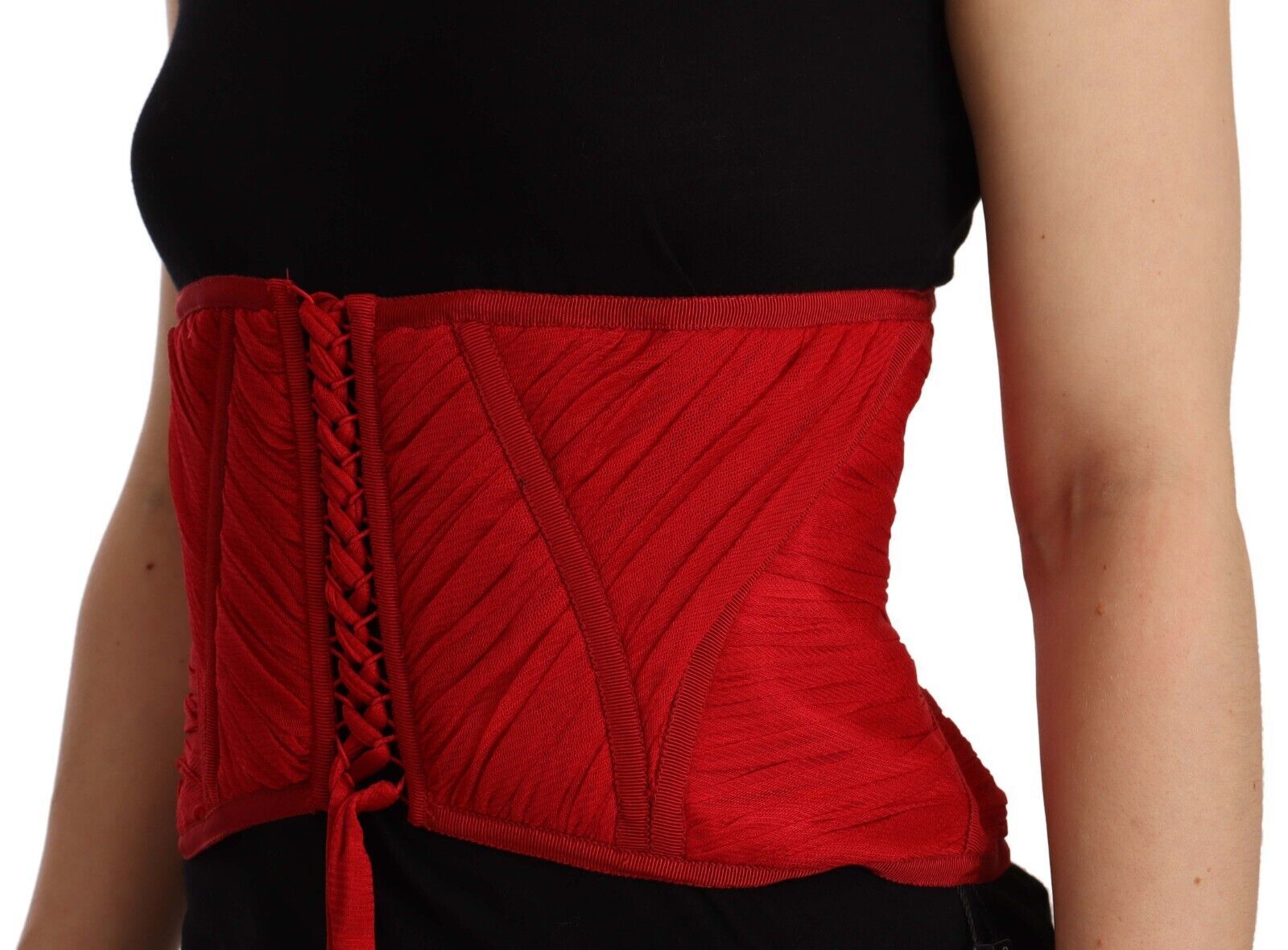 Ceinture corset rouge Dolce & Gabbana en stretch avec ceinture en soie, ajustée à la taille, pour un look élégant et sophistiqué.