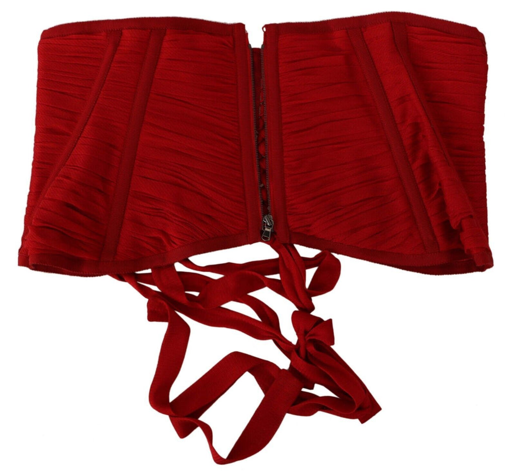 Ceinture corset rouge Dolce & Gabbana en stretch avec bande de taille en soie, visible portée sur un top élégant.