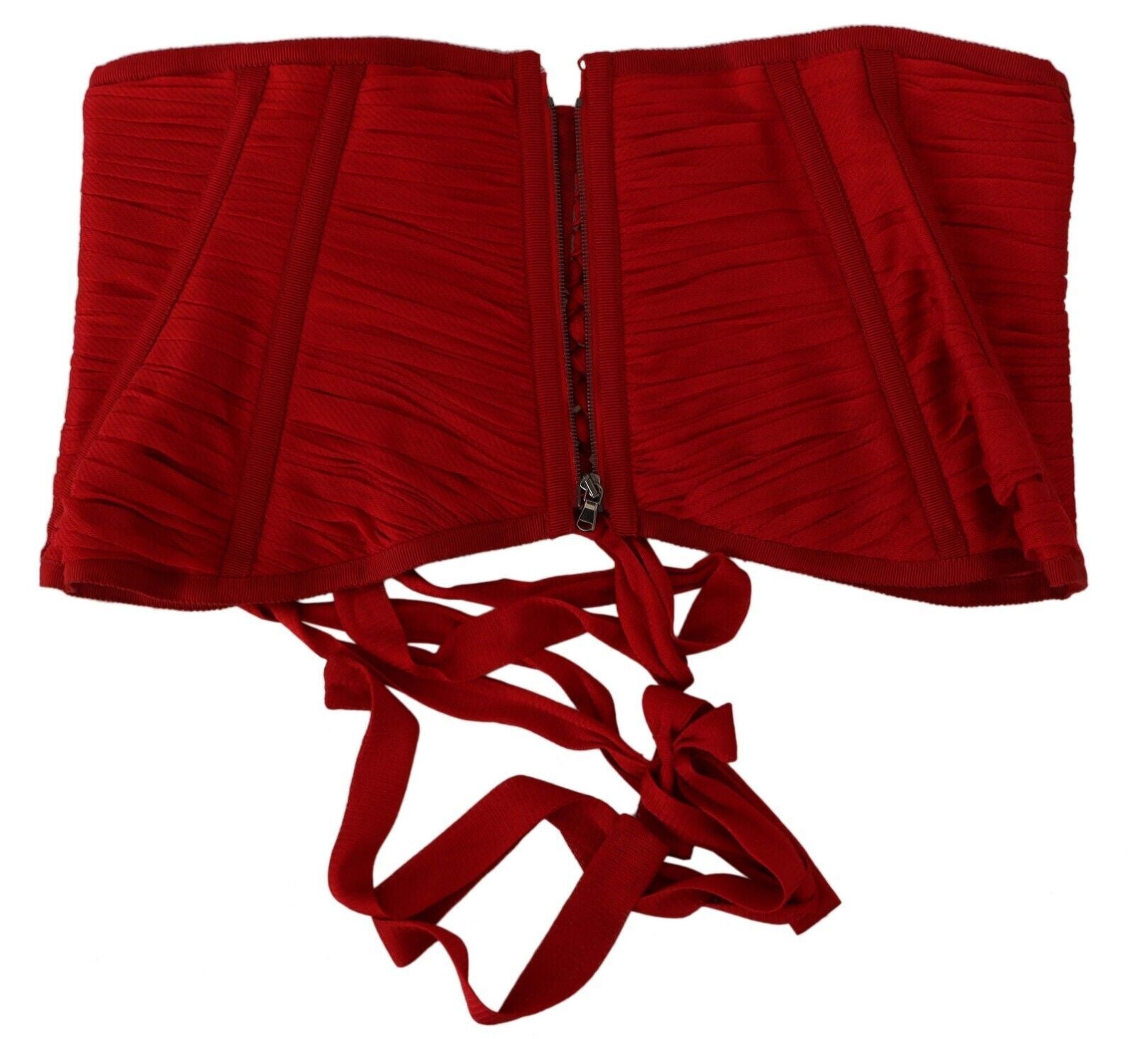 Ceinture corset rouge Dolce & Gabbana en stretch avec bande de taille en soie, visible portée sur un top élégant.