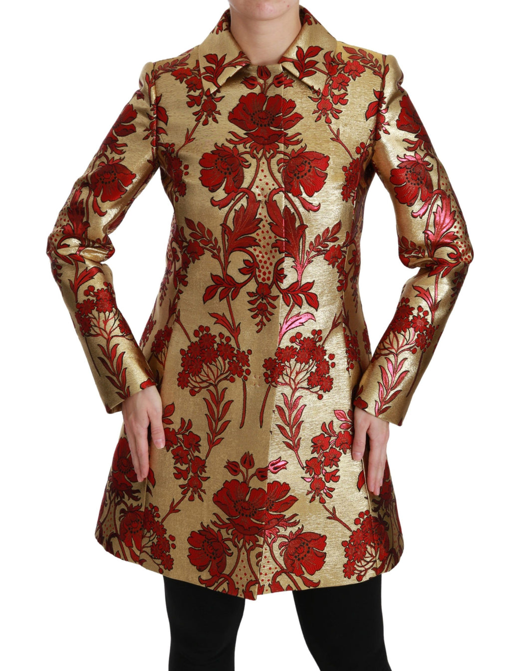 Manteau cape Dolce & Gabbana en brocart floral rouge et or, veste élégante avec détails raffinés.