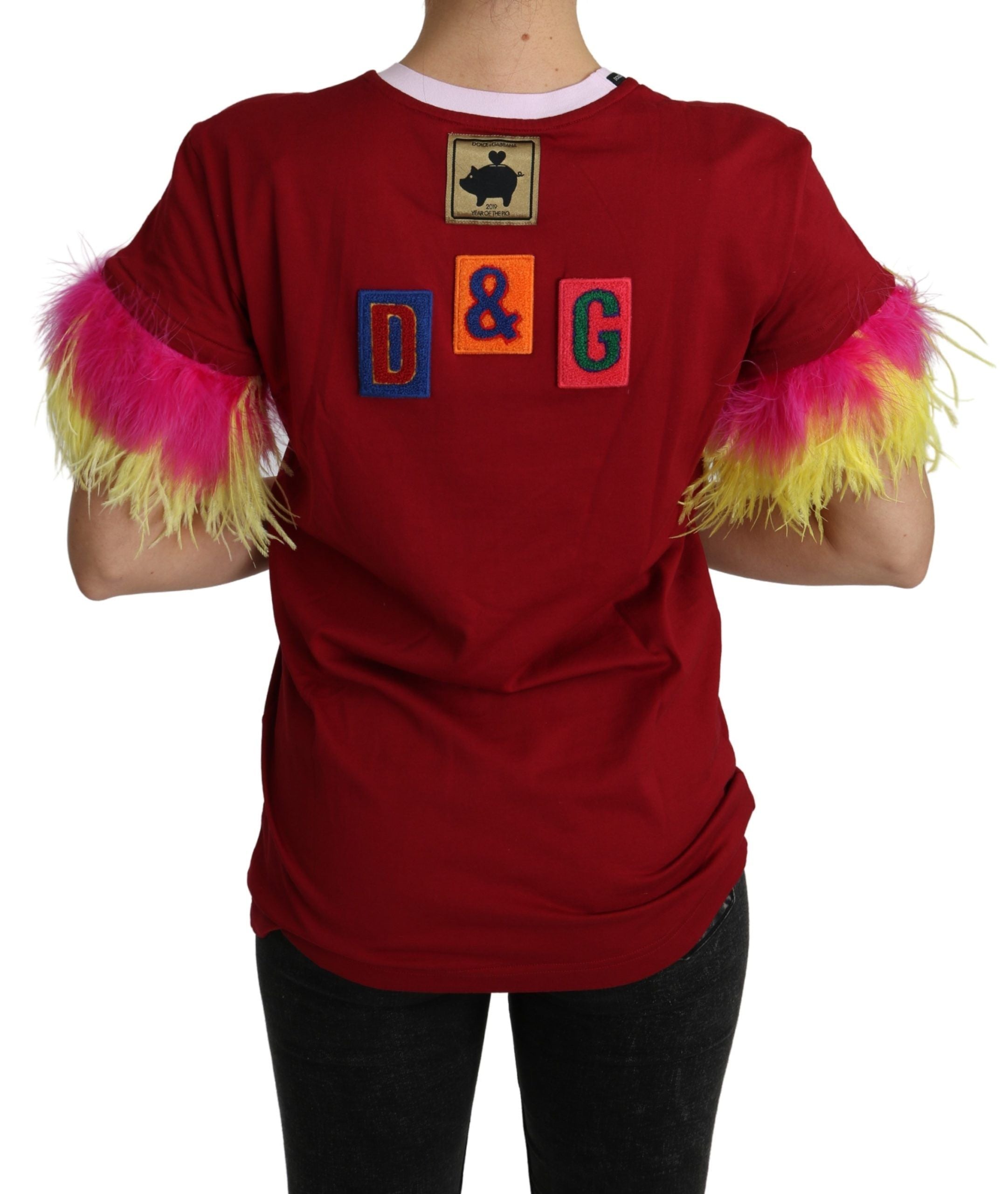 T-shirt Dolce & Gabbana rouge avec imprimé de cochon, manches en plumes et style décontracté visible sur l'image.