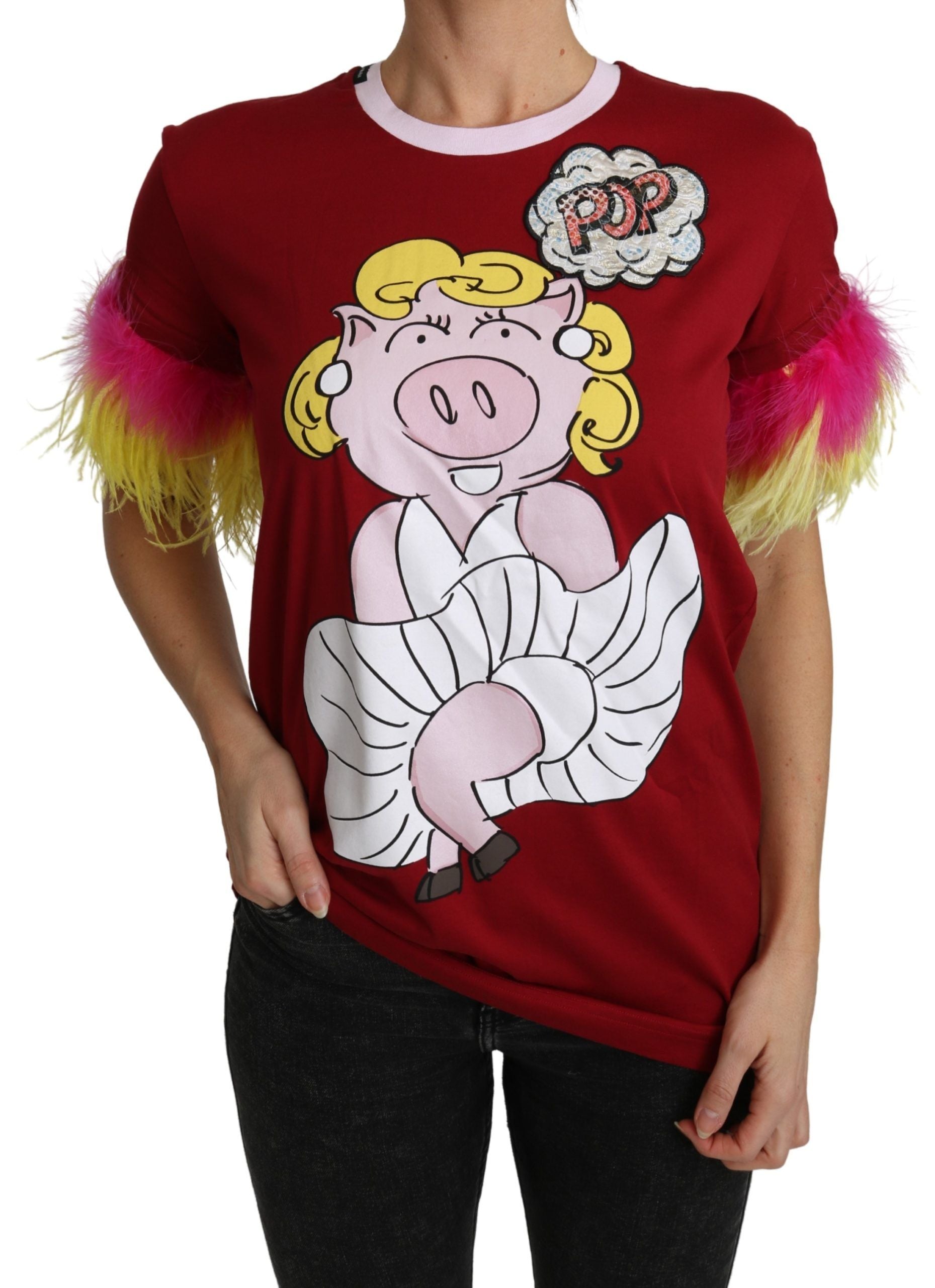 T-shirt Dolce & Gabbana à manches en plumes avec imprimé de cochon rouge, style original et coloré.