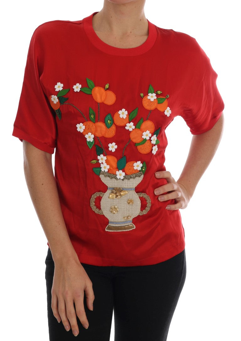 Vase en soie rouge et orange Dolce & Gabbana avec un sommet en cristal, élégant et décoratif.