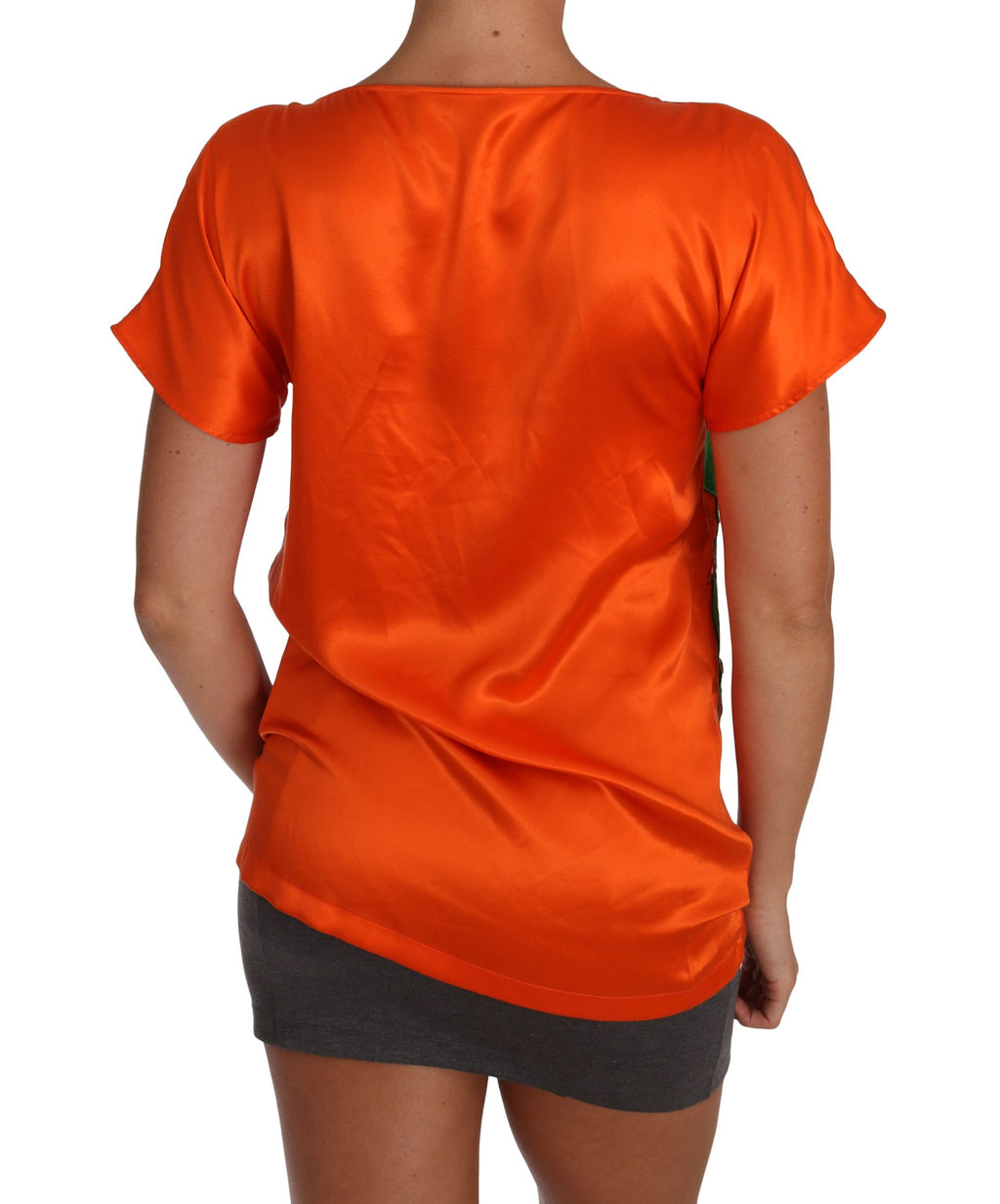 T-shirt Dolce & Gabbana en soie orange avec citrons et cristaux, coupe ajustée, vue de face.