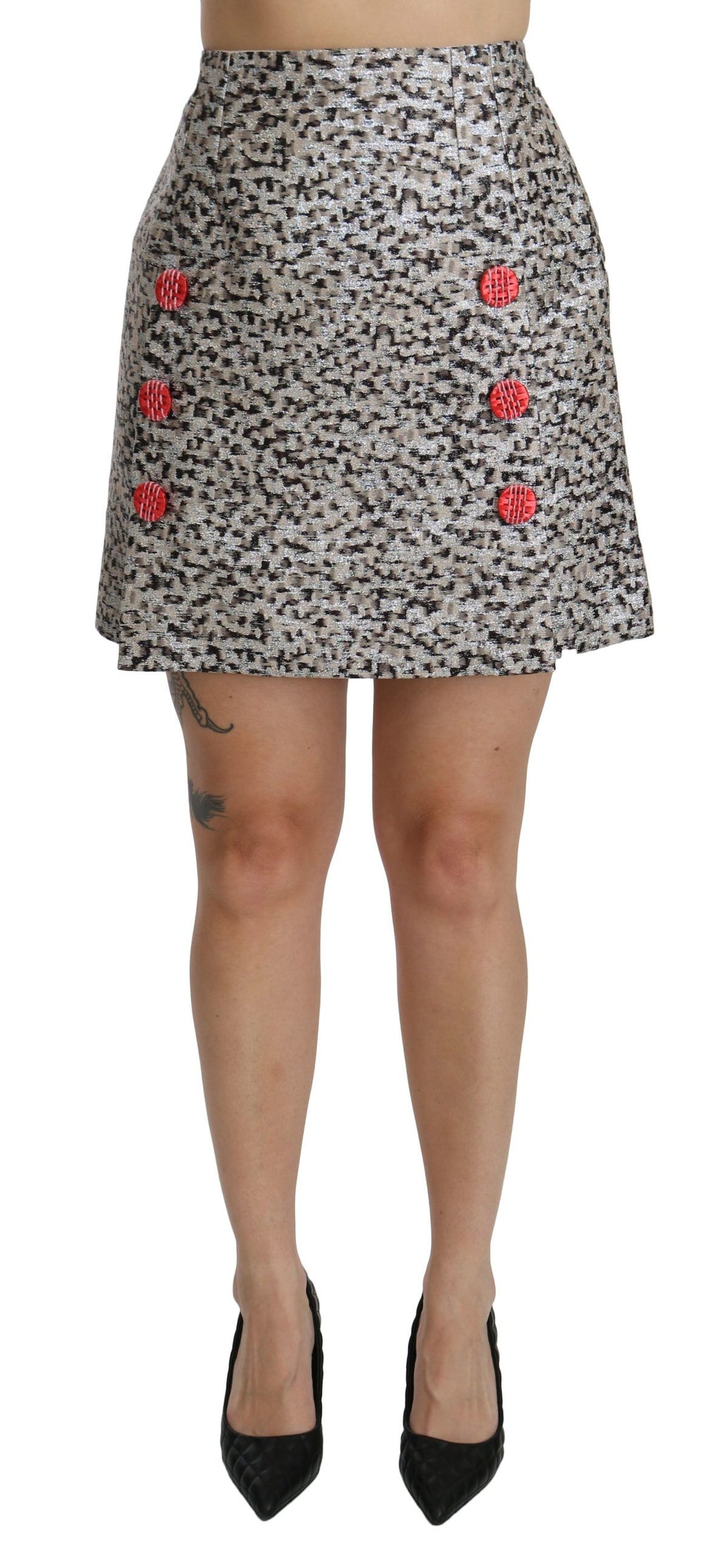 Jupe longue en métal argenté à motif Dolce & Gabbana, coupe évasée à taille haute élégante et sophistiquée.