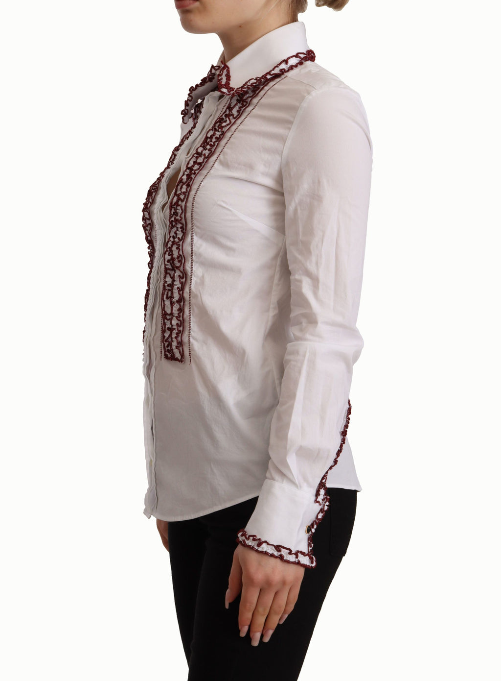 Chemise Dolce & Gabbana en coton blanc avec manches longues, col en dentelle et volant, élégante et raffinée.