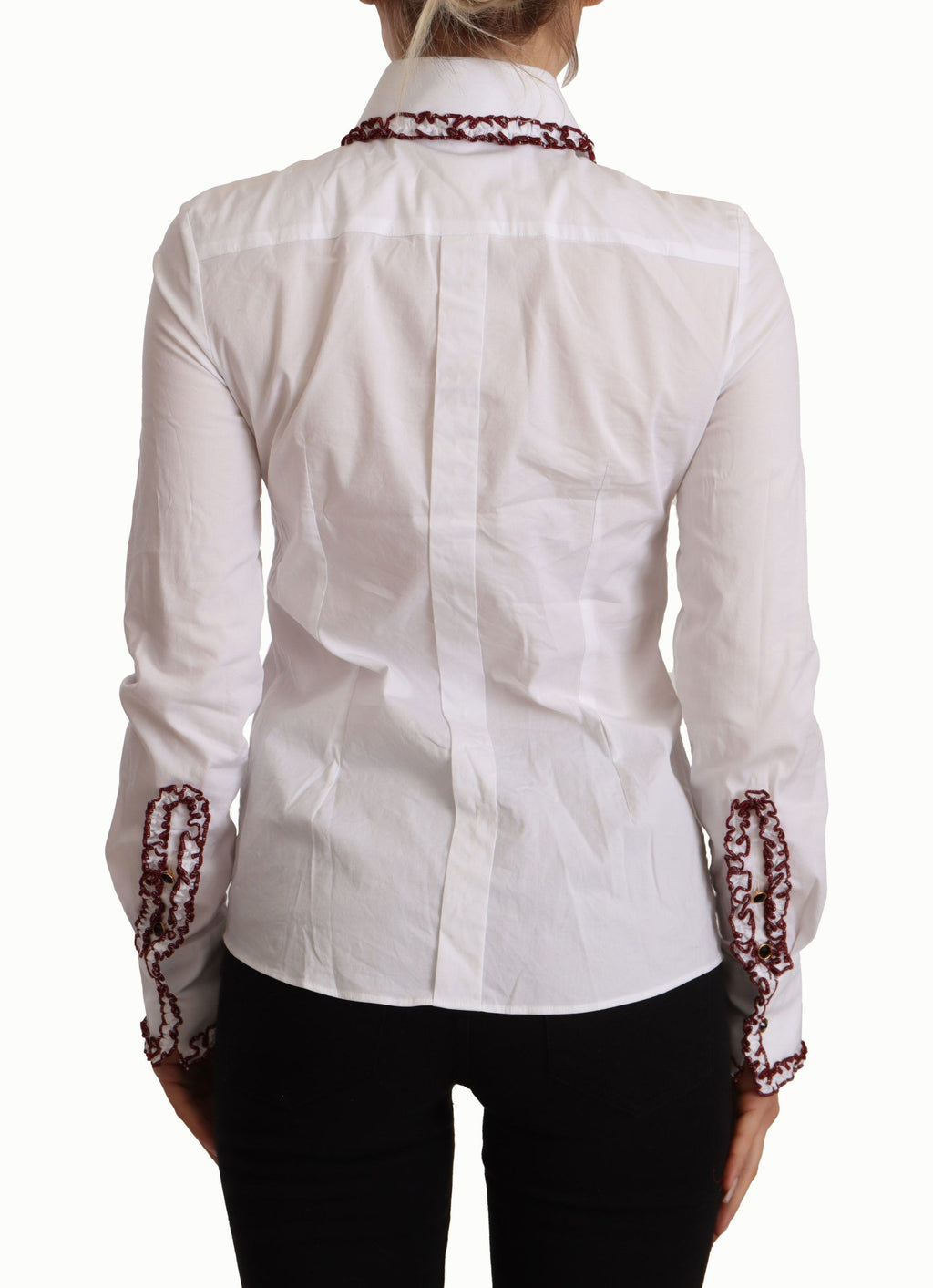 Chemise blanche Dolce & Gabbana en coton avec manches longues, dentelle, col à volants et détails élégants.