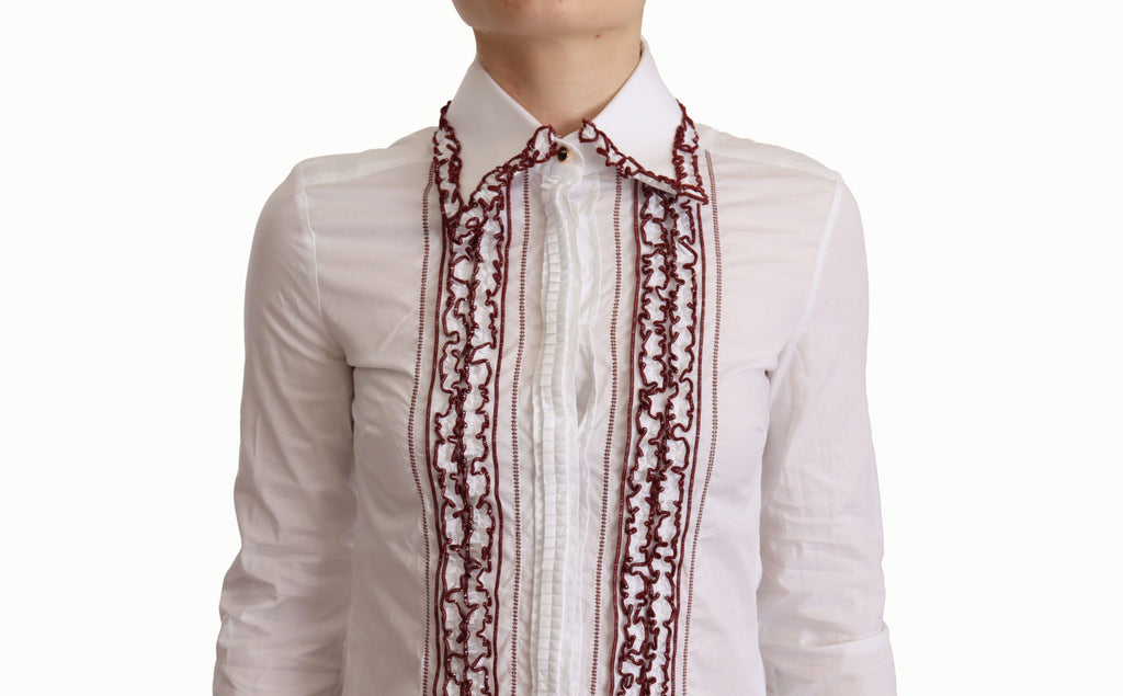 Chemise Dolce & Gabbana en coton blanc avec manches longues, col en dentelle et volants élégants.