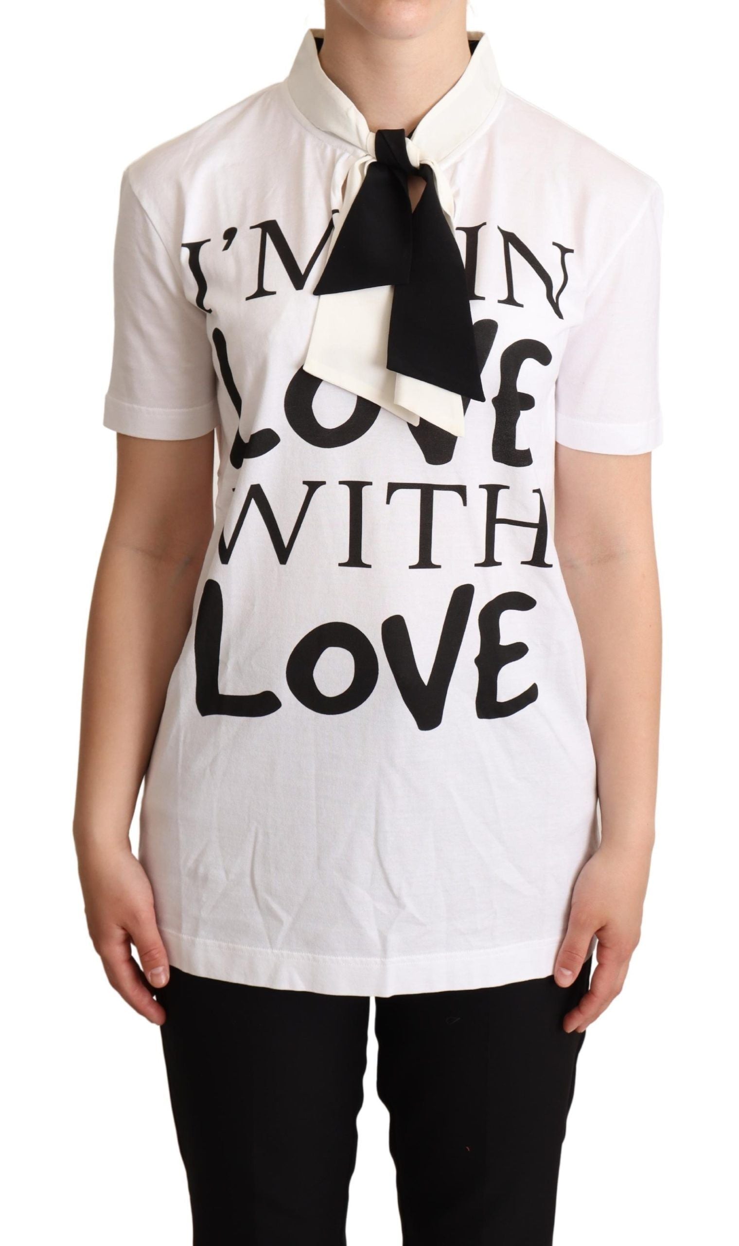 T-shirt blanc Dolce & Gabbana en coton et soie avec col ascot, vue de face, détail élégant et tissu léger.