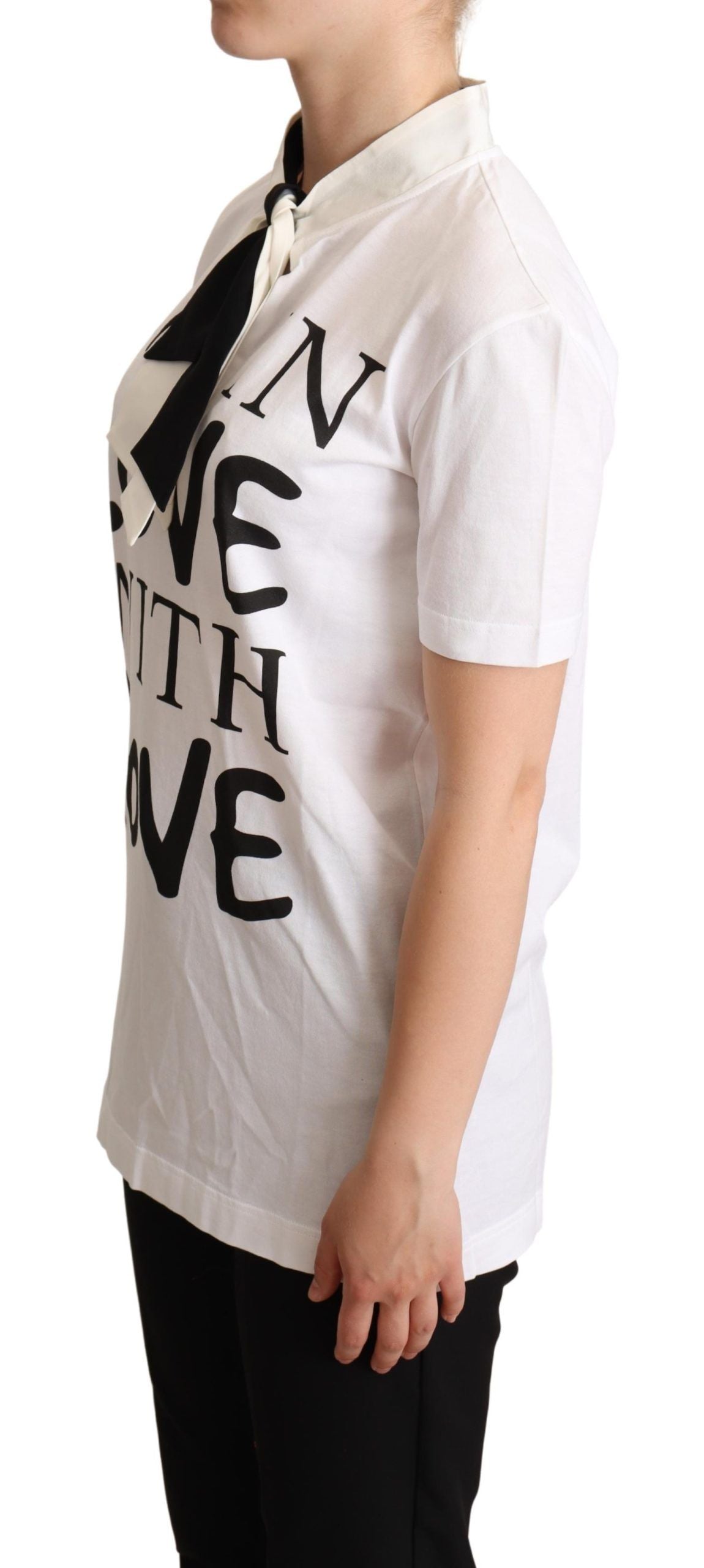 T-shirt blanc en coton et soie mélangés Dolce & Gabbana avec col ascot élégant, vue de face.