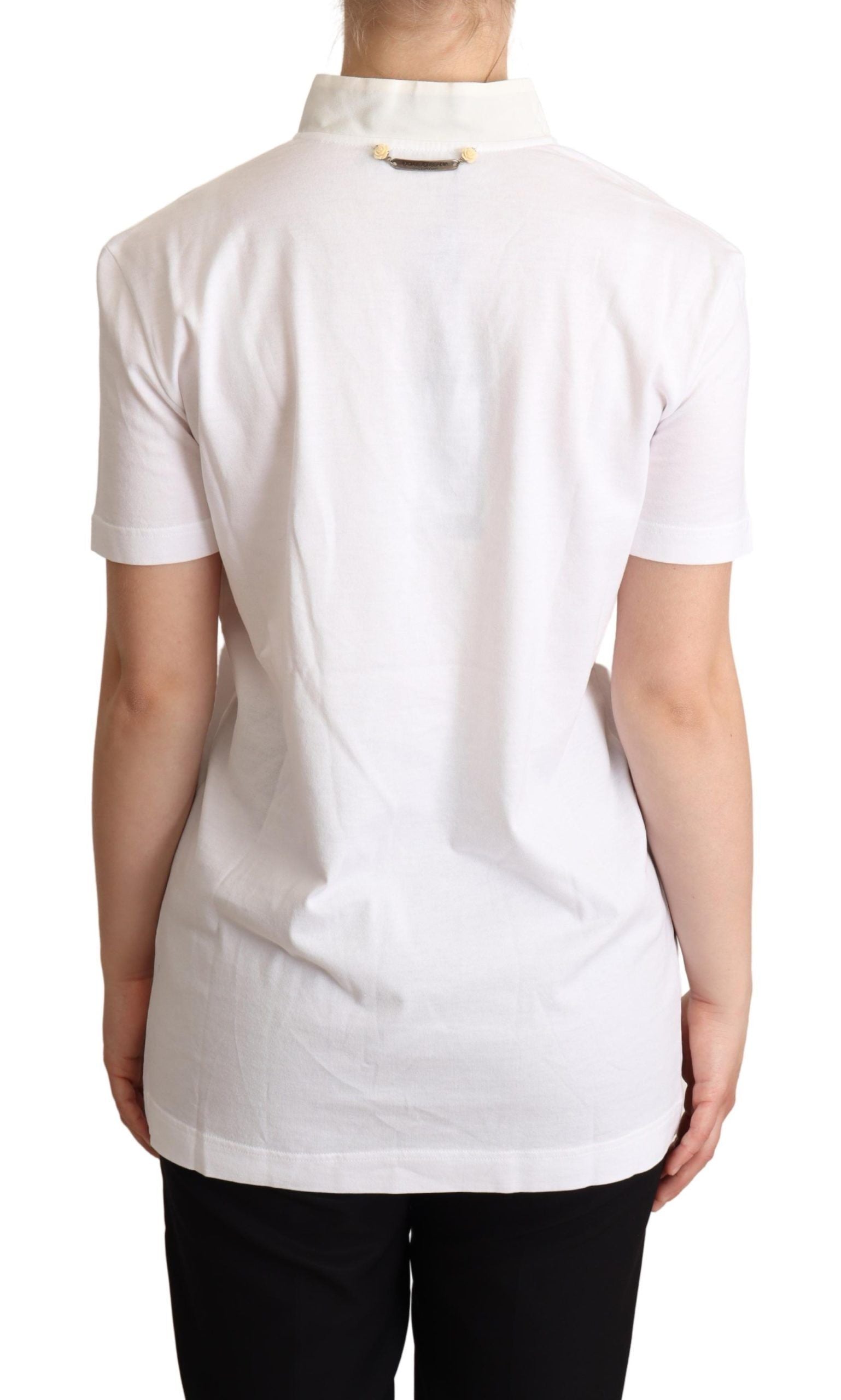 T-shirt blanc Dolce & Gabbana en coton et soie avec col ascot, élégante et confortable, vue de face.