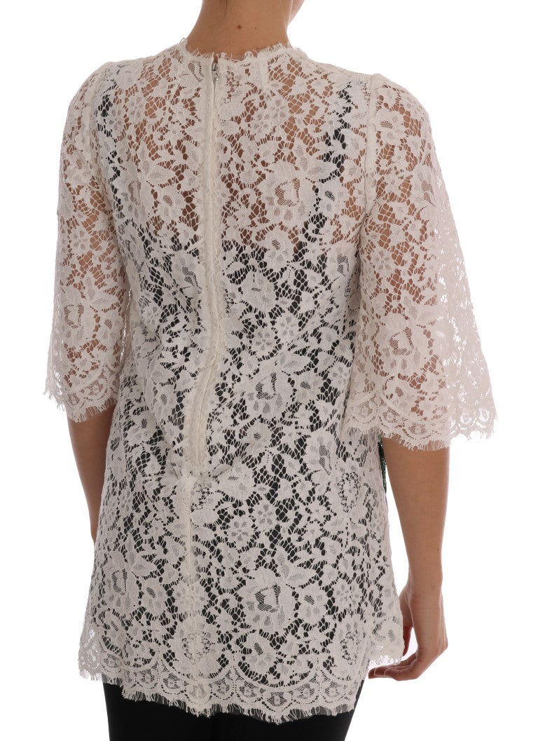 Chemise en dentelle blanche Dolce & Gabbana ornée de cristaux, élégante blouse raffinée avec détails sophistiqués.