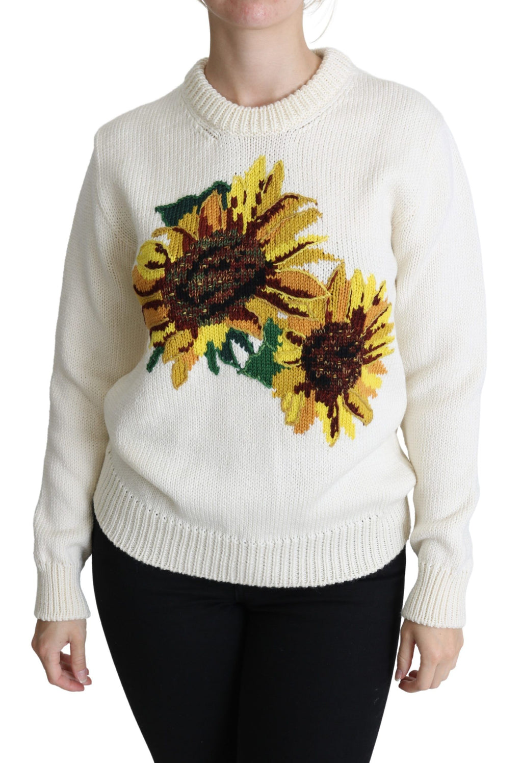 Pull-over en laine blanc à fleurs et tournesols de Dolce & Gabbana, style élégant et floral.