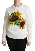 Pull-over en laine blanc à fleurs et tournesols de Dolce & Gabbana, style élégant et floral.