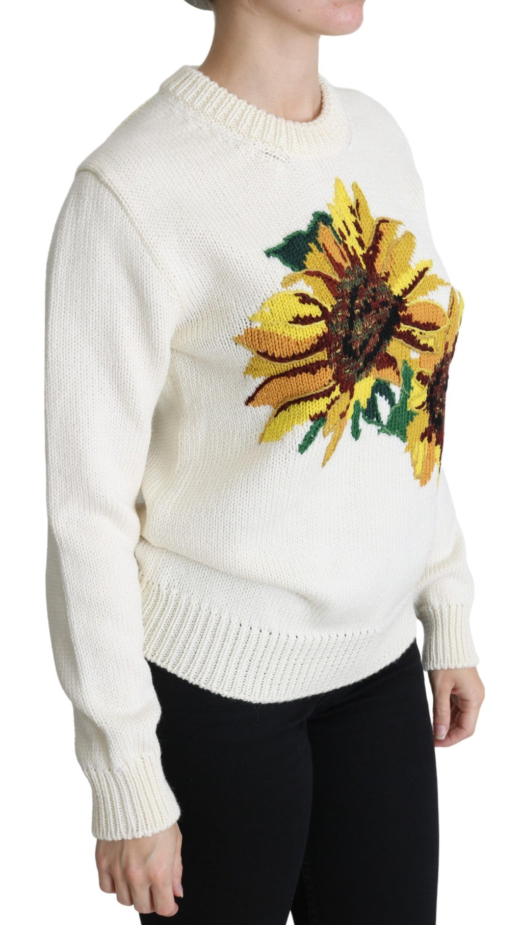 Pull en laine blanc à fleurs et tournesols de Dolce & Gabbana, pull-over élégant avec motif floral.